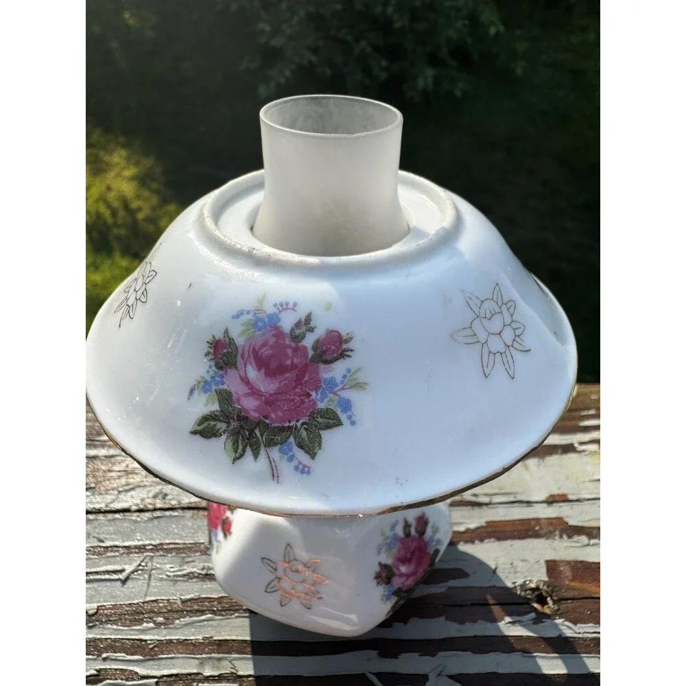 Vintage Miniature Porcelain Oil Lamp Pink Rose Floral Gold Trim Cottagecore